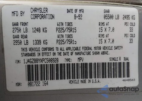 1993 Jeep Grand Cherokee Sport из США, поврежденный, VIN 1J4GZ88YXPC508928